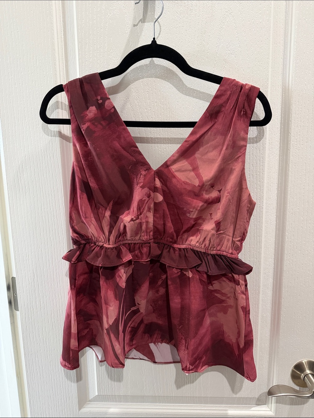 nine britton Wine Floral V-Neck Ruffle Peplum Camisole